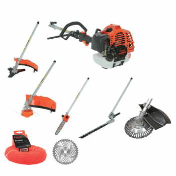 Kibani 6-In-1 Multitool - 52 cc - 1.9 PK 2-takt Benzine Motor - Heggenschaar, Kettingzaag, Grastrimmer, Onkruidborstel, Zaagblad, Maaidraad 100 m & Bosmaaier
