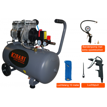 24 liter Set Kibani Super Stille compressor + Luchtslang + Luchtspuit + Bandenpomp