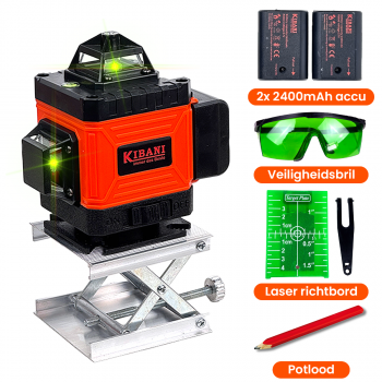 Kibani Kruislijnlaser 16 Lijnen Met Accessoire Koffer - Bouwlaser Zelfnivellerend - Rotatielaser - Laserwaterpas - Lijnlaser - Oplaadbare Accu - Laser Groen - Met Beschermbril En Opberg Box