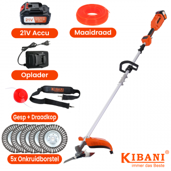 Kibani Accu Bosmaaier - Inclusief 21V Accu En Oplader - Elektrische Bosmaaier - Met 5x 15CM Onkruidborstel - Met Maaidraad, Zaagblad en Draadkop - Grastrimmer - Kantenmaaier