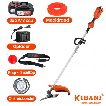 Kibani Accu Bosmaaier - Inclusief 2x  21V Accu En Oplader - Elektrische Bosmaaier - Met 5x 15CM Onkruidborstel - Met Maaidraad, Zaagblad en Draadkop - Grastrimmer - Kantenmaaier