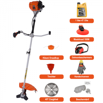 Kibani Kantenmaaier Bosmaaier Benzine – 31 cc - 1.09 PK 4-Takt Motor –Complete Set 31cc / 1.09 pk 4-takt Motor – Incl. 40 Tands Zaagblad 3-Tands Mes, 4T Olie, Gehoorbeschermer, Handschoen, beschermbril, Draagriem, Draadkop