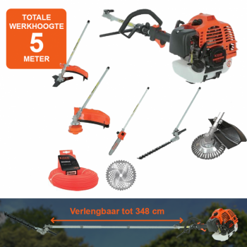 Kibani 6 - In - 1 Multitool Bosmaaier XXL - Werkhoogte 5 Meter - 52 cc / 1.9 PK 2-Takt Benzine - Heggenschaar- Kettingzaag - Grastrimmer - Maaidraad - Onkruidborstel - Zaagblad