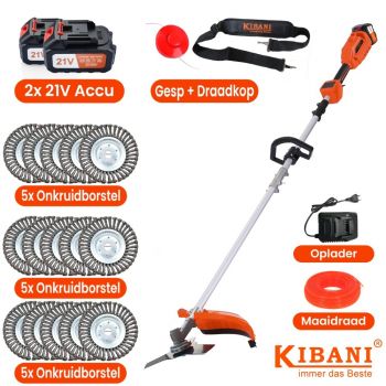 Kibani Accu Bosmaaier - Inclusief 2x  21V Accu En Oplader - Elektrische Bosmaaier - Met 15x 15CM Onkruidborstel - Met Maaidraad, Zaagblad en Draadkop - Grastrimmer - Kantenmaaier