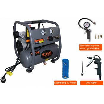 6 Liter Kibani Super Stille compressor + Luchtslang + Luchtspuit + Bandenpomp