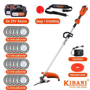 Kibani Accu Bosmaaier - Inclusief 2x 21V Accu En Oplader - Elektrische Bosmaaier - Met 15x 15CM Onkruidborstel - Met Maaidraad, Zaagblad en Draadkop - Grastrimmer - Kantenmaaier